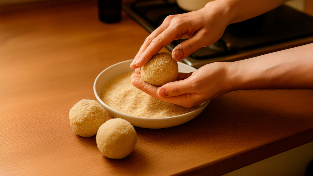 Manos empanando un arancini crudo con pan rallado sobre una encimera cálida