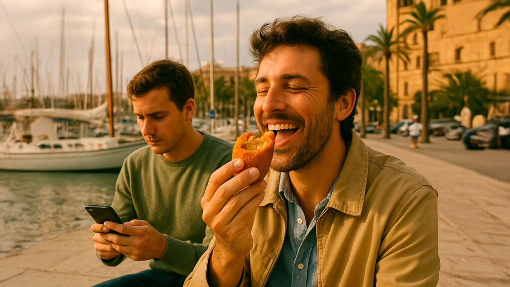 Un hombre sonriente a punto de comer un arancini mientras otro mira su móvil en el puerto
