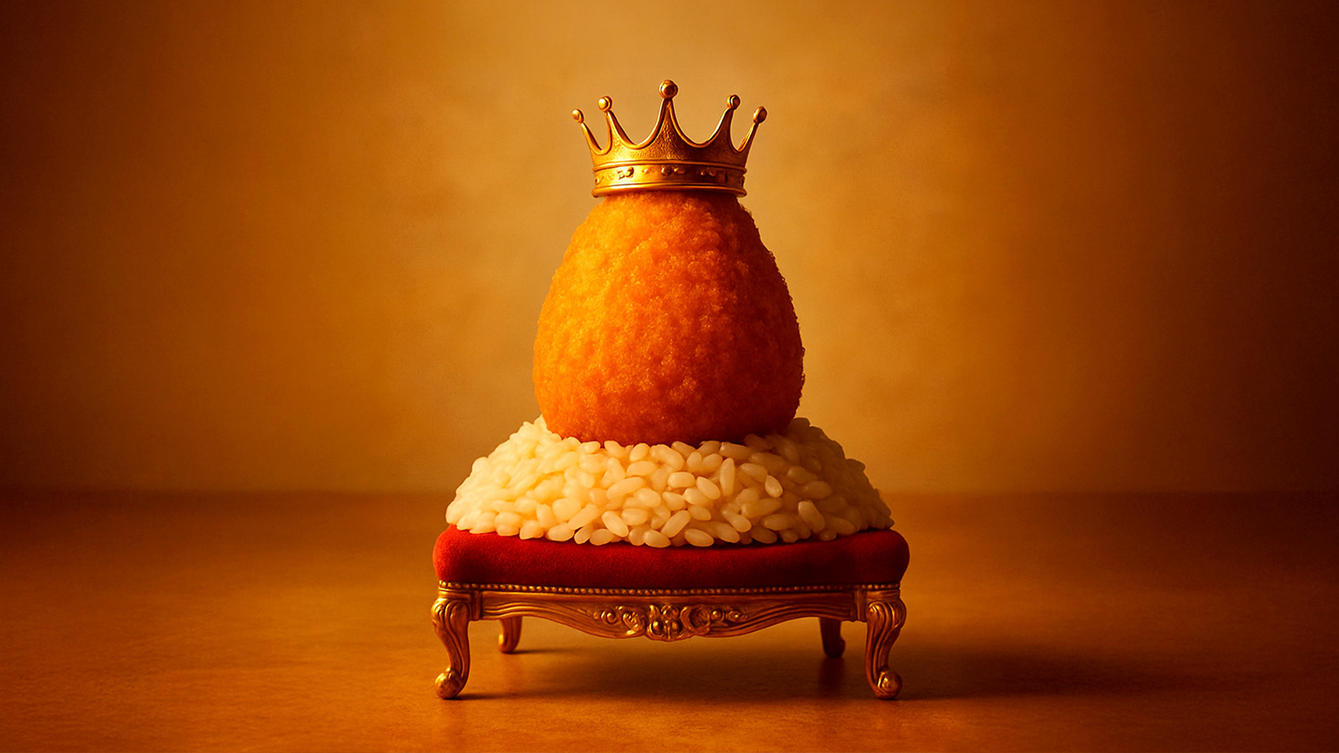 Arancini coronado sobre trono de arroz, con fondo cálido e iluminación teatral